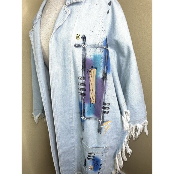 Denim Fringed Jacket XL Southwestern Painted Cotton Open Front Whimsiegoth Hip - Picture 3 of 13